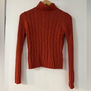 100% cotton burnt orange turtle neck cable knit sweater size XS